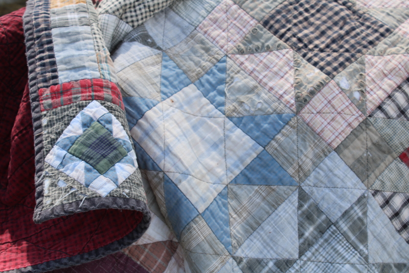 photo of 1990s vintage soft worn washed cotton quilts, hand stitched patchwork primitive stars #11