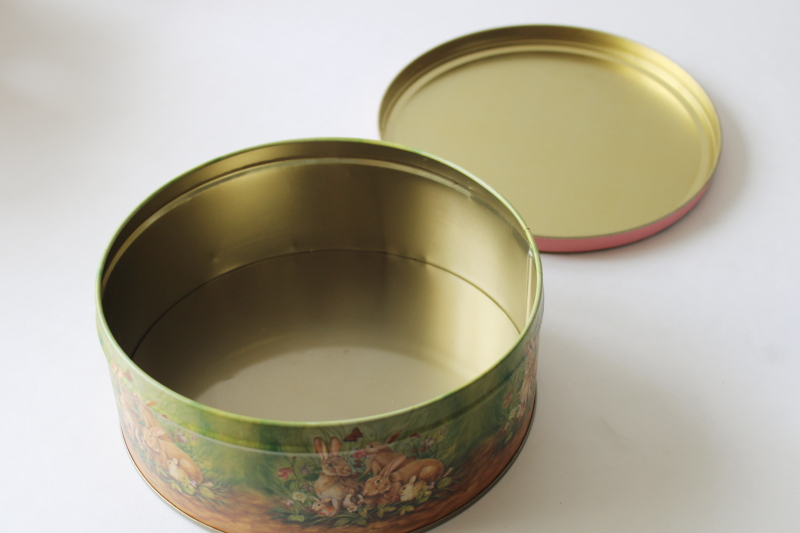 photo of 1990s vintage tin, brown bunnies w/ flowers print, cottage spring decor storage tin  #2