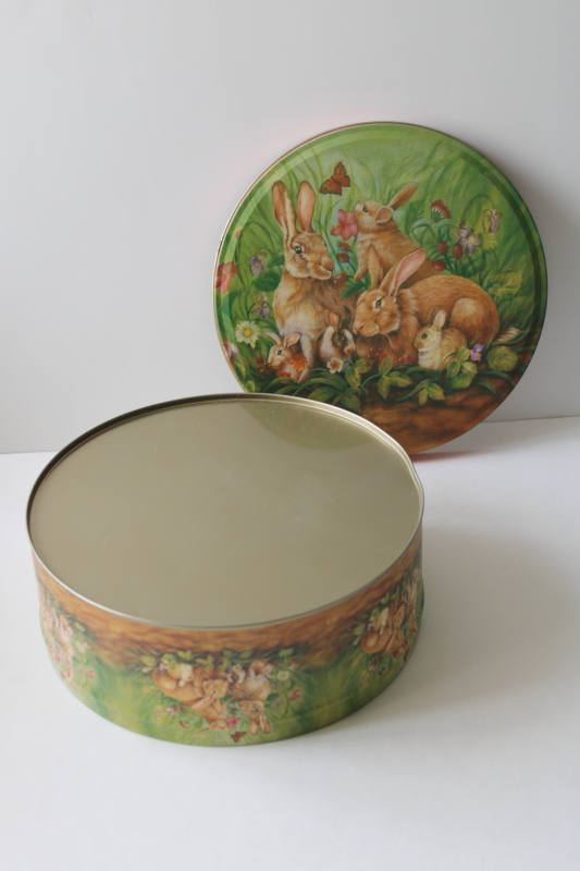 photo of 1990s vintage tin, brown bunnies w/ flowers print, cottage spring decor storage tin  #3