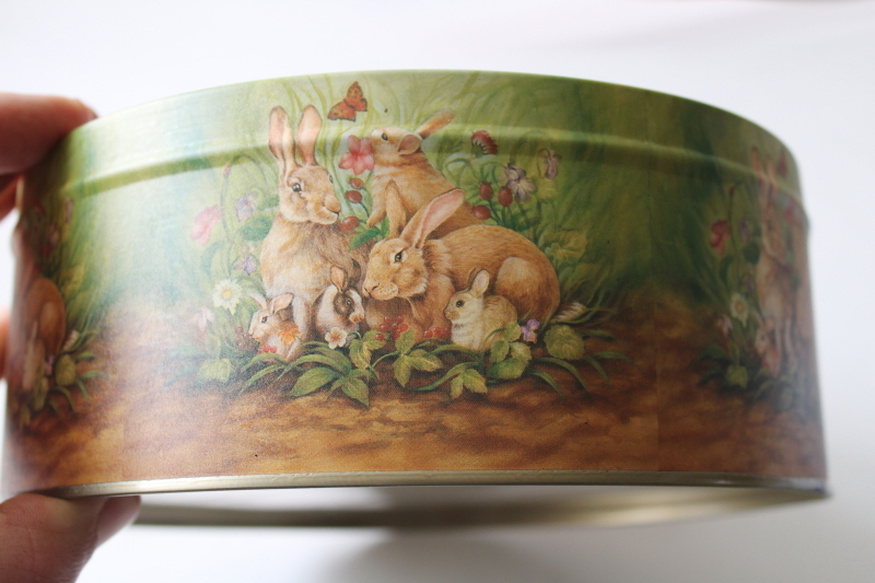 photo of 1990s vintage tin, brown bunnies w/ flowers print, cottage spring decor storage tin  #4