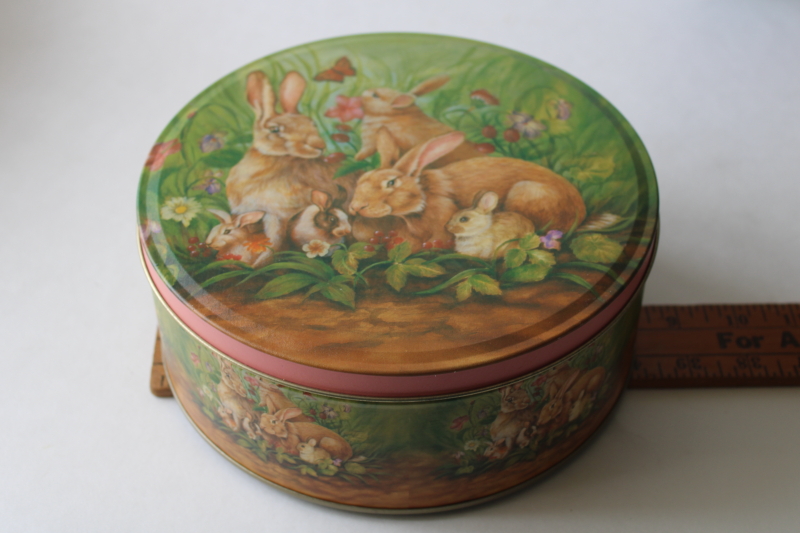 photo of 1990s vintage tin, brown bunnies w/ flowers print, cottage spring decor storage tin  #5
