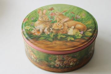 catalog photo of 1990s vintage tin, brown bunnies w/ flowers print, cottage spring decor storage tin 