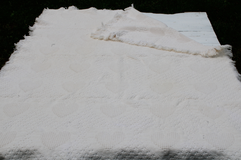 photo of 1990s woven cotton lap blanket throw, hearts pattern vintage country cottage style  #1