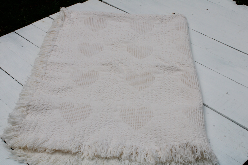photo of 1990s woven cotton lap blanket throw, hearts pattern vintage country cottage style  #5
