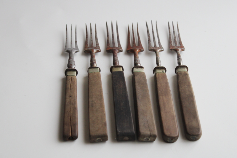 photo of 19th century antique steel forks w/ walnut wood handles, 1800s vintage three tine trident forks #1