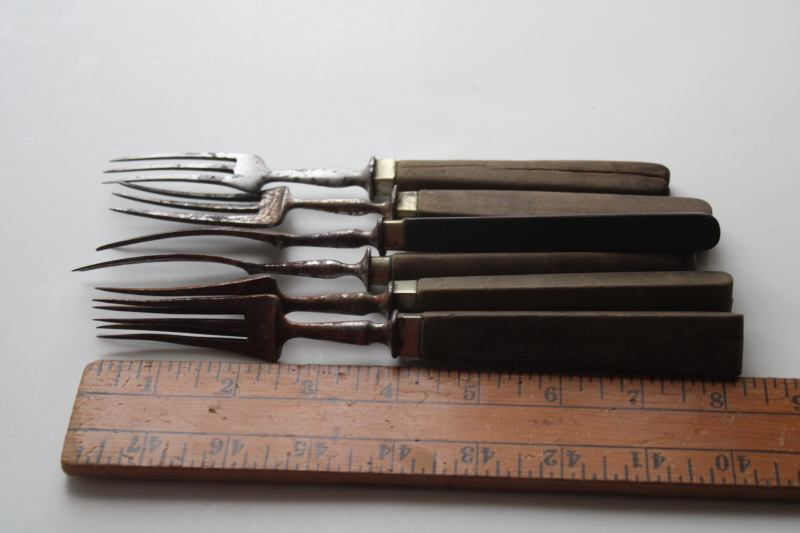 photo of 19th century antique steel forks w/ walnut wood handles, 1800s vintage three tine trident forks #2
