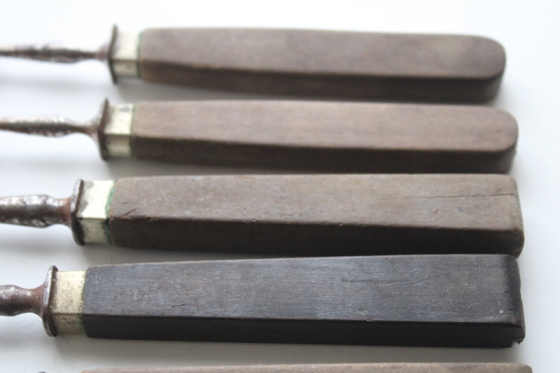 photo of 19th century antique steel forks w/ walnut wood handles, 1800s vintage three tine trident forks #5