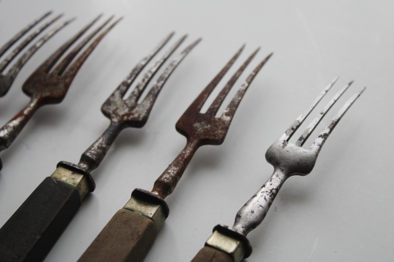 photo of 19th century antique steel forks w/ walnut wood handles, 1800s vintage three tine trident forks #8