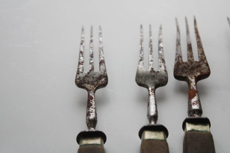 photo of 19th century antique steel forks w/ walnut wood handles, 1800s vintage three tine trident forks #9