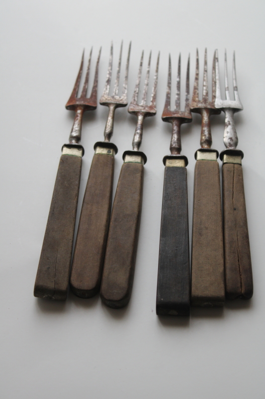 photo of 19th century antique steel forks w/ walnut wood handles, 1800s vintage three tine trident forks #10