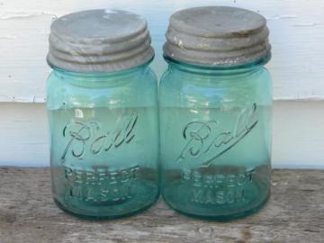 catalog photo of 2 1 pint antique Ball Perfect Mason aqua blue fruit jars w/zinc lids