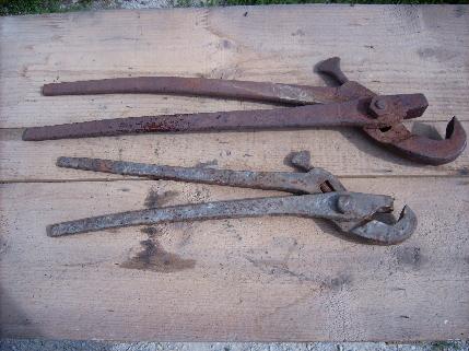 photo of 2 large old 1800s steam engine/locomotive pipe tongs, Ashcroft Mfg w/arm & hammer hallmark #1