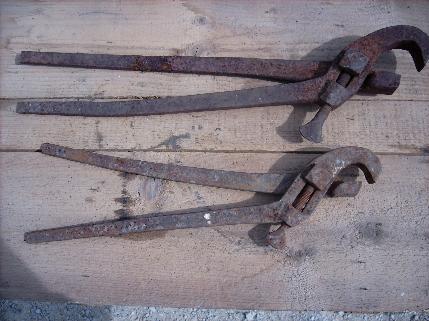 photo of 2 large old 1800s steam engine/locomotive pipe tongs, Ashcroft Mfg w/arm & hammer hallmark #2