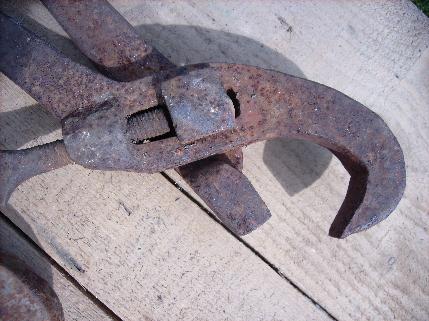 photo of 2 large old 1800s steam engine/locomotive pipe tongs, Ashcroft Mfg w/arm & hammer hallmark #4