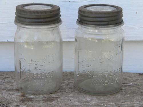 photo of 2 old 1 pint Presto Supreme mason jars w/ glass lids Owens-Corning #1