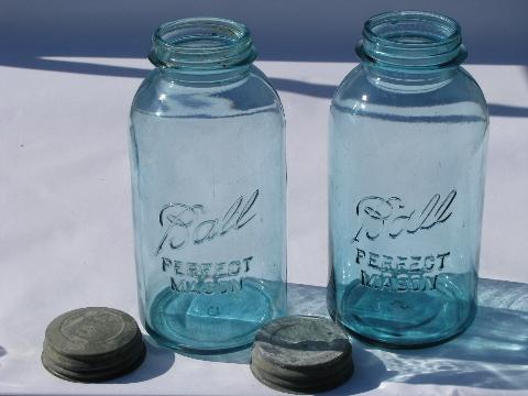 photo of 2 old Ball blue glass mason fruit jars/canisters w/ metal lids #2