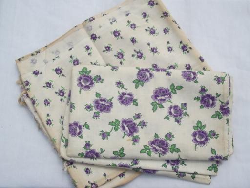 photo of 2 old feed sacks, lot purple roses flowers print cotton feedsack fabric #1