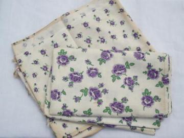 catalog photo of 2 old feed sacks, lot purple roses flowers print cotton feedsack fabric