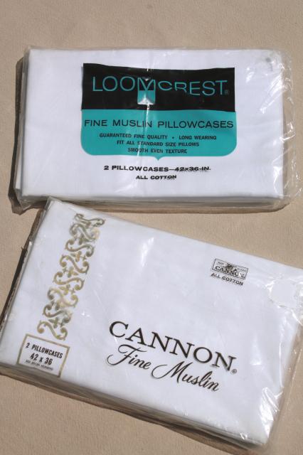 photo of 2 pairs vintage white muslin pillowcases, mint in package plain pure cotton pillow cases #1