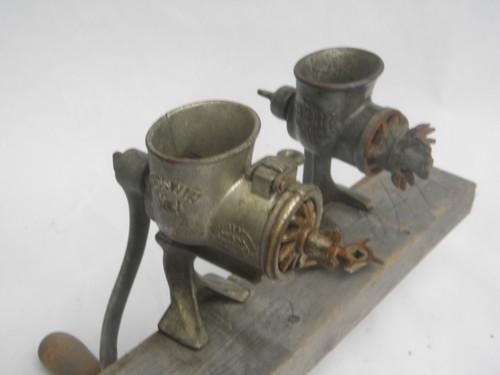 photo of 2 primitive antique food chopper meat grinders, old farm kitchen tool #1