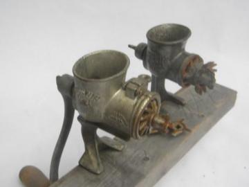 catalog photo of 2 primitive antique food chopper meat grinders, old farm kitchen tool