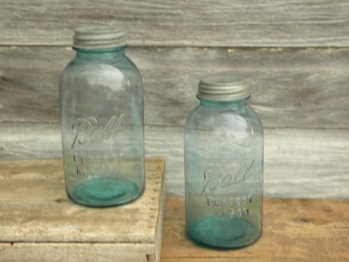 photo of 2 quart vintage blue glass Ball Perfect Mason fruit jars w/zinc caps #1