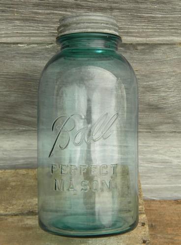 photo of 2 quart vintage blue glass Ball Perfect Mason fruit jars w/zinc caps #2