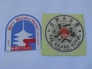 catalog photo of 2 vintage hotel trunk/suitcase labels decals, Kyoto, Japan and Taipei, Taiwan ROC