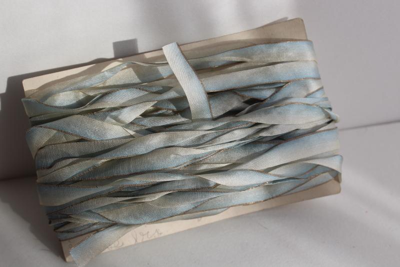 photo of 20+ yards antique silk ribbon trim, shaded blue ombre color early 1900s vintage #1