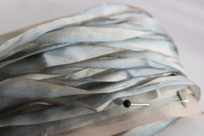 photo of 20+ yards antique silk ribbon trim, shaded blue ombre color early 1900s vintage #3