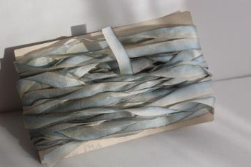 catalog photo of 20+ yards antique silk ribbon trim, shaded blue ombre color early 1900s vintage