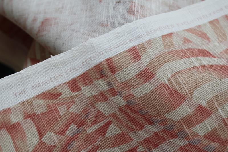 photo of 20 yards vintage linen cotton blend fabric, decorator weight coral pink print Di Lewis #5