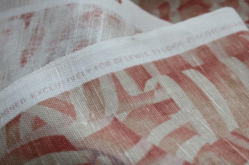 photo of 20 yards vintage linen cotton blend fabric, decorator weight coral pink print Di Lewis #6