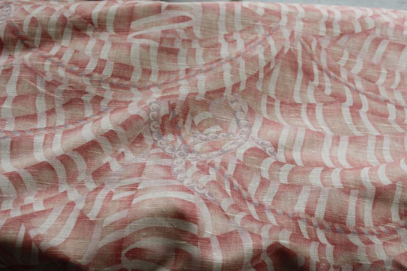 photo of 20 yards vintage linen cotton blend fabric, decorator weight coral pink print Di Lewis #7