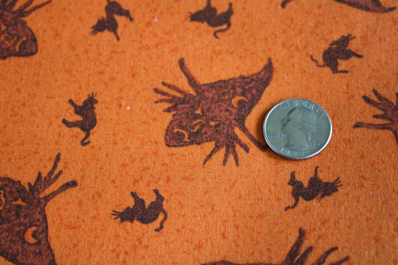 photo of 2000s vintage Halloween witch & black cat print cotton fabric, rustic hand printed look fabric #2