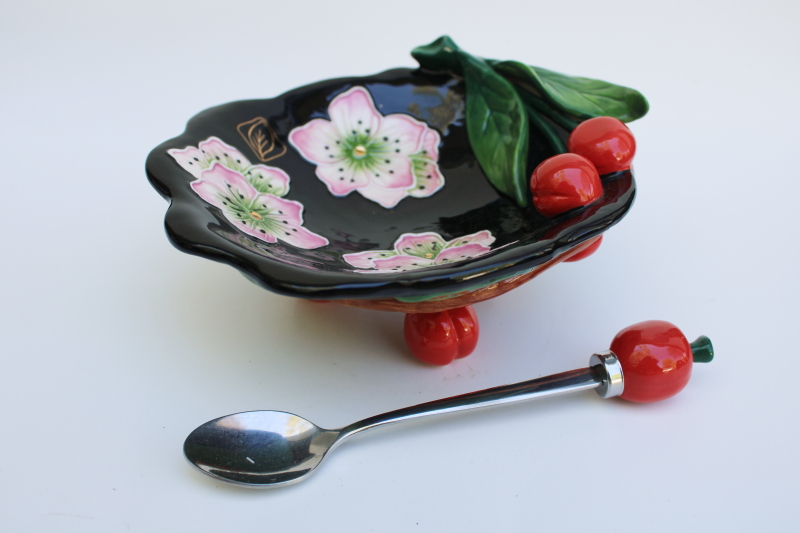 photo of 2004 Blue Sky ceramics J McCall cherries cherry blossom hand painted bowl w/ spoon #1