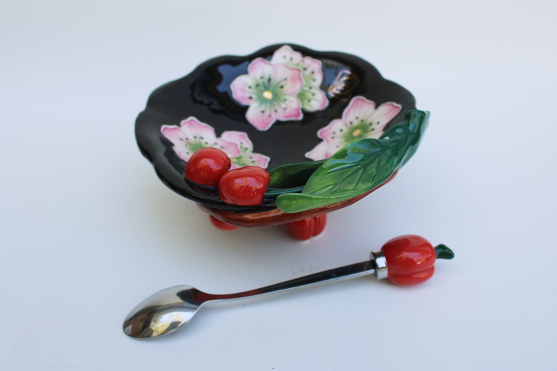 photo of 2004 Blue Sky ceramics J McCall cherries cherry blossom hand painted bowl w/ spoon #2