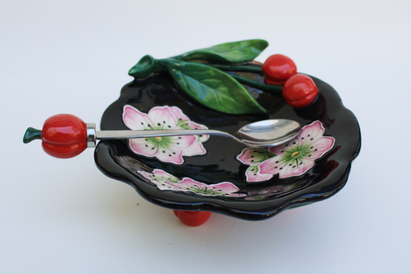 photo of 2004 Blue Sky ceramics J McCall cherries cherry blossom hand painted bowl w/ spoon #5