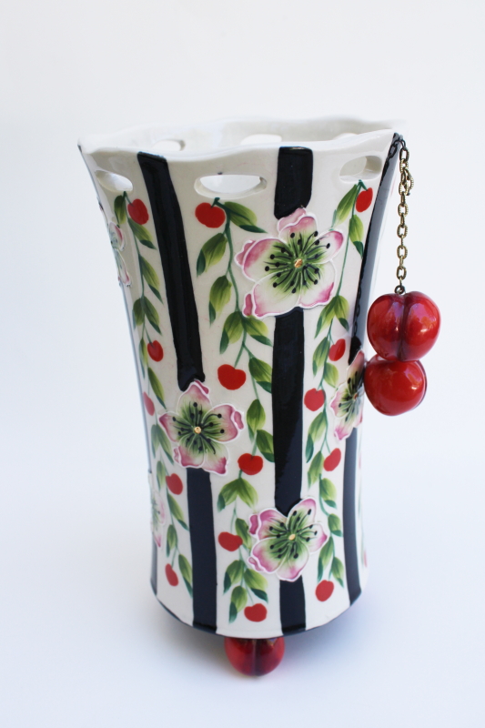 photo of 2004 Blue Sky ceramics J McCall cherries vase hand painted red cherry bunch charm #1