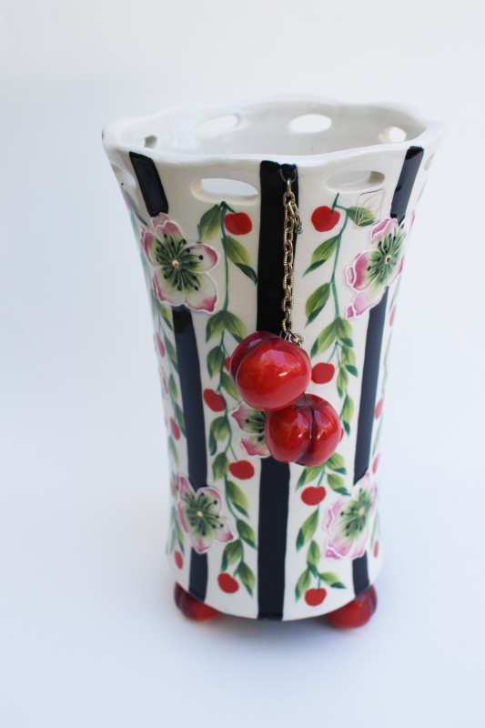 photo of 2004 Blue Sky ceramics J McCall cherries vase hand painted red cherry bunch charm #2