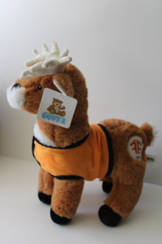 photo of 2020 Fleet Farm logo stuffed plush toy deer in hunting gear, Goffa tag #1