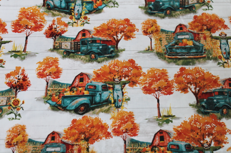 photo of 2020 Hobby Lobby fall season print cotton fabric, autumn pumpkin truck & scarecrow #1