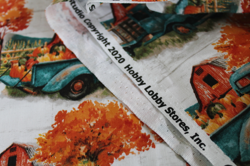 photo of 2020 Hobby Lobby fall season print cotton fabric, autumn pumpkin truck & scarecrow #3