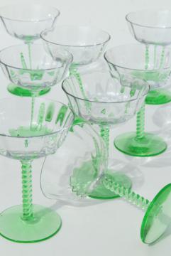 catalog photo of 20s 30s art deco green twist stem champagne glasses w/ clear glass coupe bowls