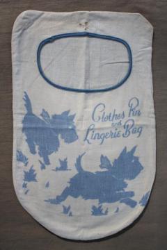 catalog photo of 20s 30s vintage clothespin bag, flapper era laundry bag w/ Scotty dog print