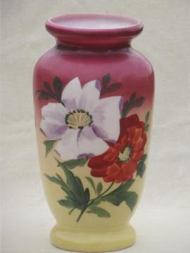 catalog photo of 20s 30s vintage  milk glass lamp base vase w/ peach blow hand-painted roses