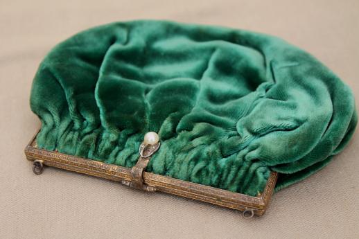 photo of 20s vintage flapper evening bag, emerald green velvet purse w/ french clasp #2