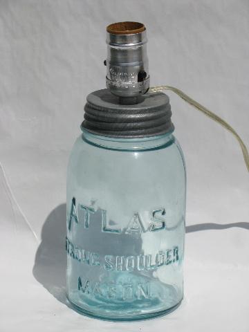 photo of 20s-30s vintage aqua blue glass fruit jar, wired as electric table lamp #1