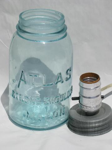 photo of 20s-30s vintage aqua blue glass fruit jar, wired as electric table lamp #3