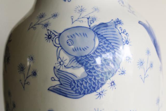 photo of 20th century vintage China porcelain blue & white chinoiserie vase, koi fish or carp #2